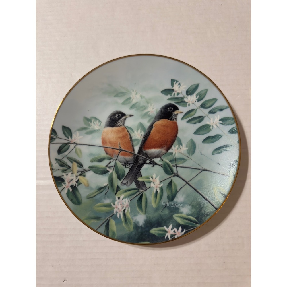 W.S. George Afternoon Calm Robin Bird Collector Plate Rob Stine 8.25" Gold Trim‎